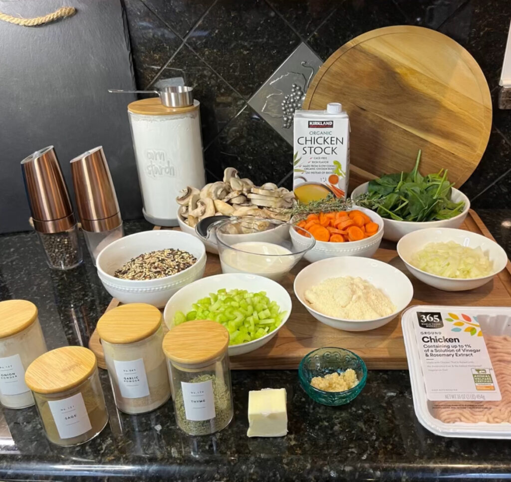 Ingredients for Instant Pot Creamy Chicken, Mushroom, and Wild Rice Soup.