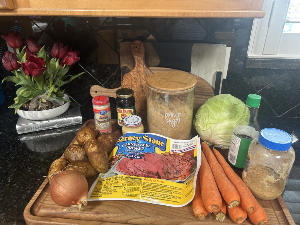 Ingredients needed for oven roasted corned beef and cabbage